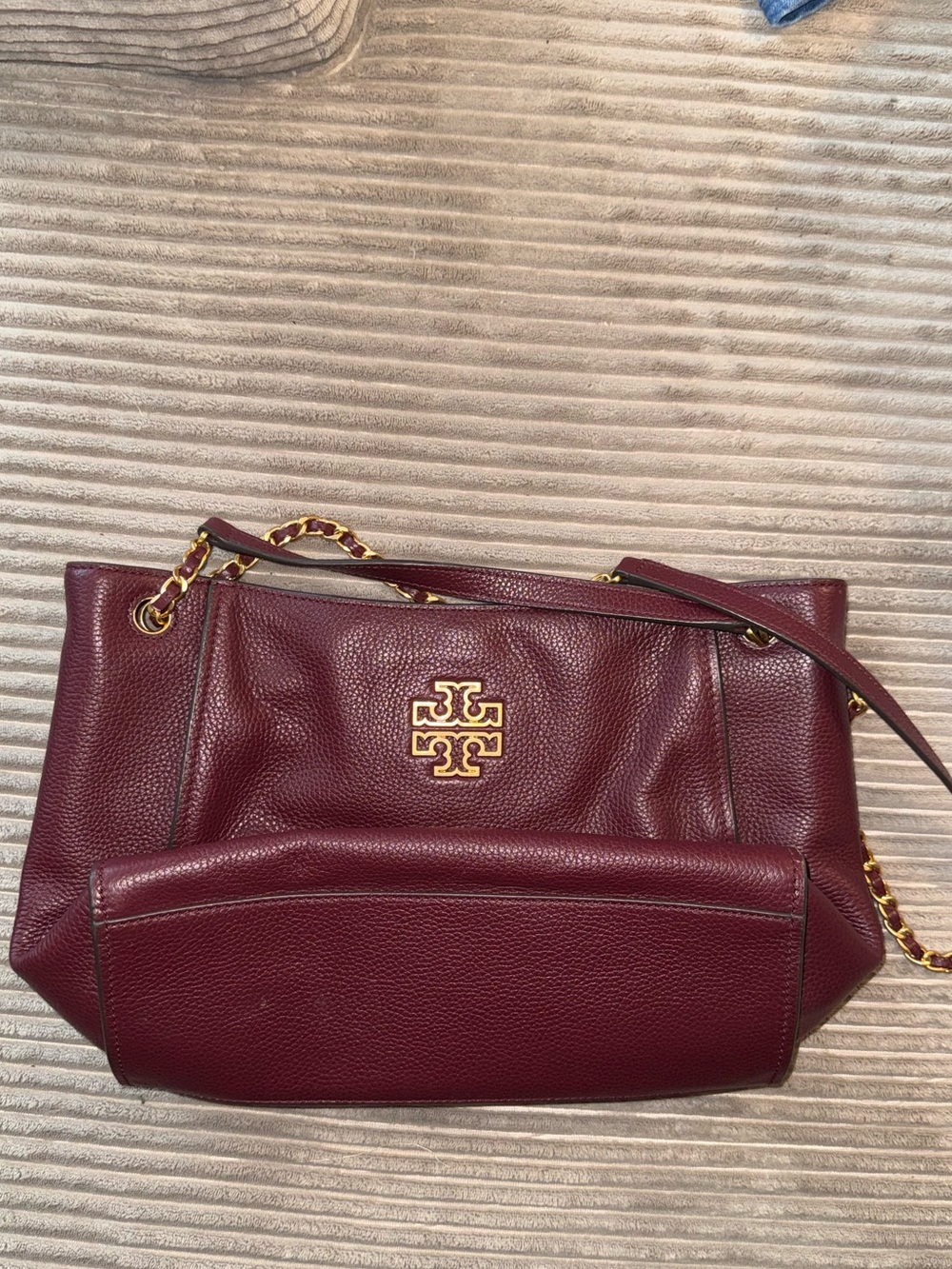 Tory Burch Wine Pebbled Leather Shoulder Bag with Gold Hardware